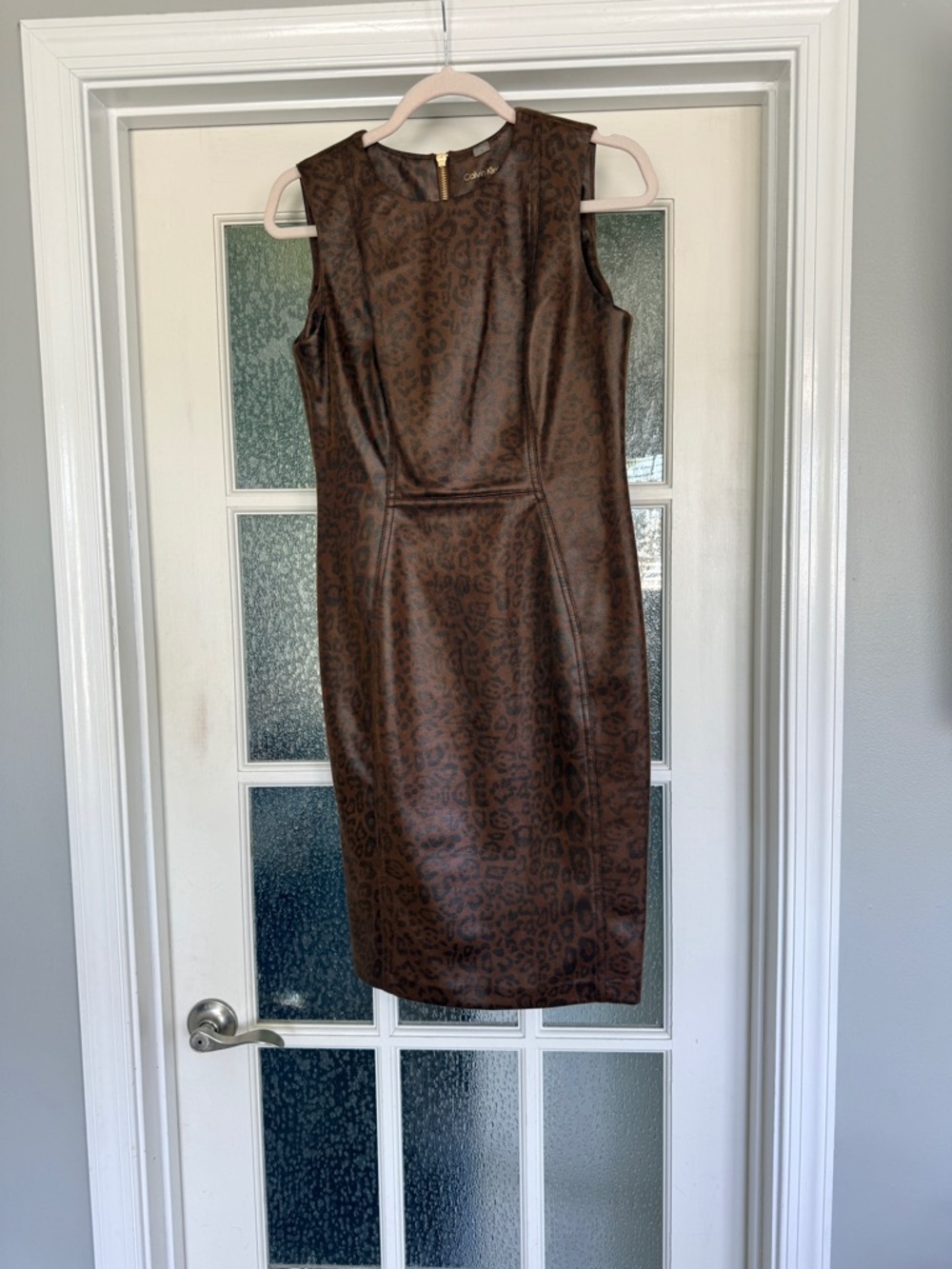 Calvin Klein Brown Faux-Leather Leopard Midi Dress